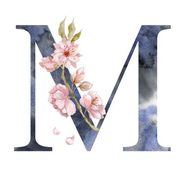 Saura ile suluboya mektup, Kiraz Çiçekleri. Düğün Monogramı.