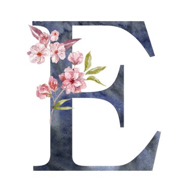 Sakura ile suluboya mektup, Kiraz Çiçekleri. Düğün Monogramı.