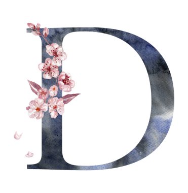 Sakura ile suluboya mektup, Kiraz Çiçekleri. Düğün Monogramı.