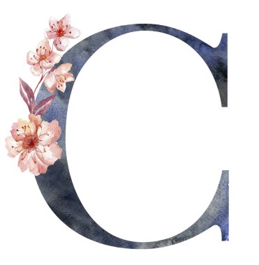 Sakura ile suluboya mektup, Kiraz Çiçekleri. Düğün Monogramı.