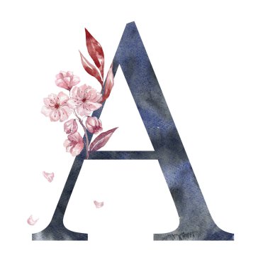 Sakura ile suluboya mektup, Kiraz Çiçekleri. Düğün Monogramı.