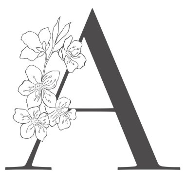 Kiraz dallı çiçek mektubu. Düğün için Sakura Çiçek Alfabesi.