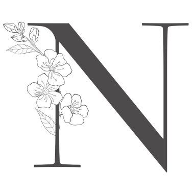 Kiraz dallı çiçek mektubu. Düğün için Sakura Çiçek Alfabesi.