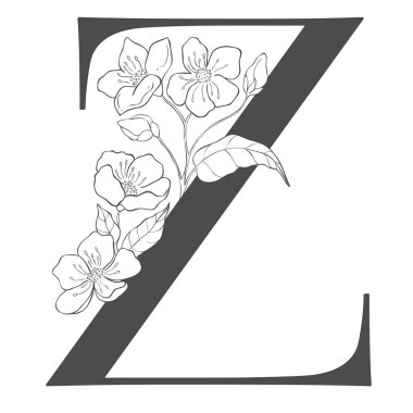 Kiraz dallı çiçek mektubu. Düğün için Sakura Çiçek Alfabesi.