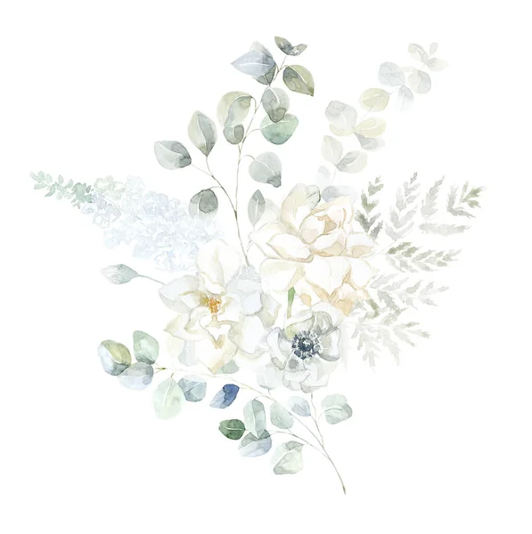 白い花と緑の枝を持つ水彩小花 クチナシとアネモネ — ストック写真