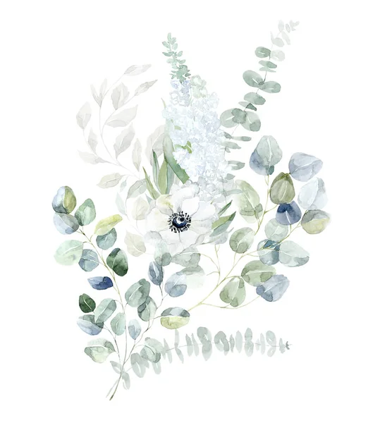 Akvarel Kytice Bílými Květy Zelené Větve Anémie Eukalyptus — Stock fotografie