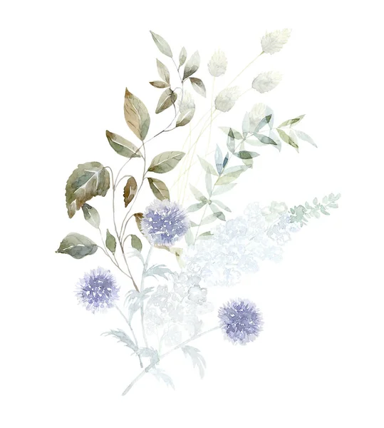 紫の花と緑の枝を持つ水彩小花 — ストック写真
