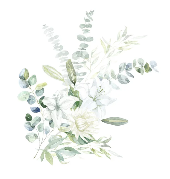 Akvarel Kytice Bílou Lily Zelené Větve Eucalyptus — Stock fotografie