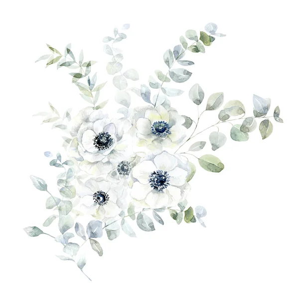 Buquê Aquarela Com Flores Brancas Ramos Verdes Anêmona Eucalipto — Fotografia de Stock