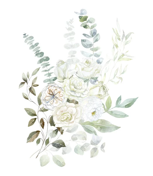 白い花と緑の枝を持つ水彩小花 バラとユーカリ — ストック写真