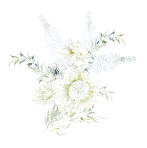 Akvarel Kytice Bílými Květy Zelené Větve Protea Annemone Gardenia — Stock fotografie
