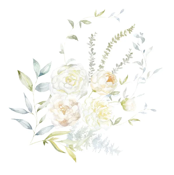 Akvarell Csokor Fehér Virágok Zöld Ágak Őszibarack Rózsa Levelek — Stock Fotó