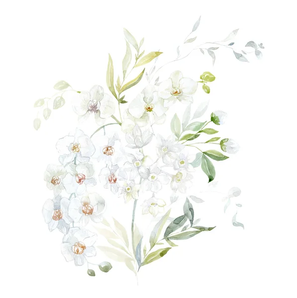 Akvarel Kytice Bílými Květy Zelené Větve Orchideje Listy — Stock fotografie