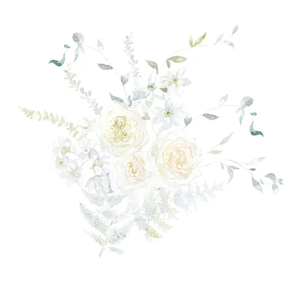 白いバラと緑の枝を持つ水彩ブケ — ストック写真