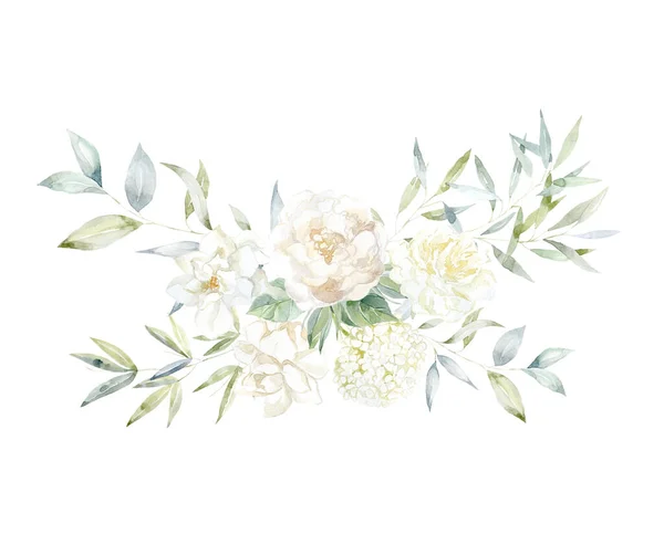 Akvarell Csokor Fehér Virágok Zöld Ágak Bazsarózsa Gardenia Hydrangea — Stock Fotó