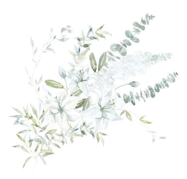 Akvarell Csokor Fehér Virágok Zöld Ágak Liliom Eukaliptusz — Stock Fotó