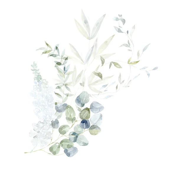 Akvarell Csokor Fehér Virágok Zöld Eukaliptusz Ágak — Stock Fotó