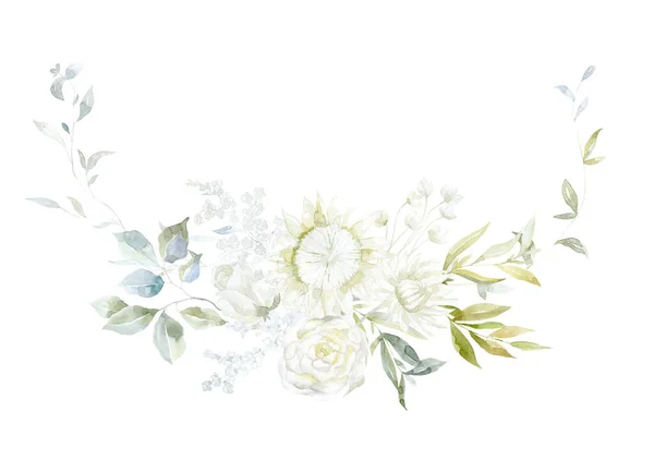 Υδατογραφία Μπουκέτο Λευκά Λουλούδια Protea Και Rose Πράσινα Κλαδιά — Φωτογραφία Αρχείου