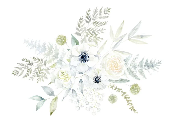 白い花と緑の枝を持つ水彩小花 クチナシ アネモネン — ストック写真