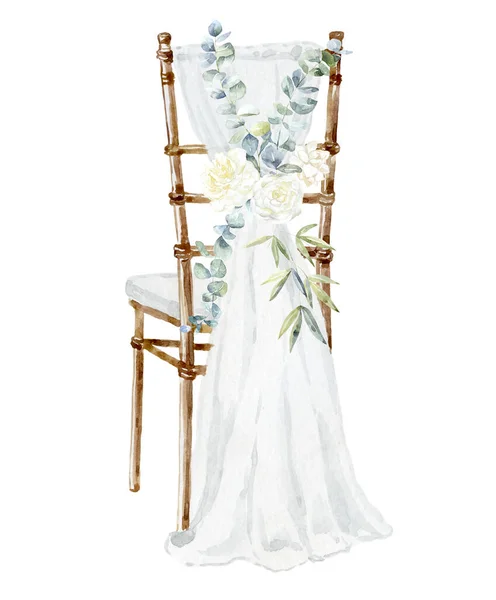 Cadeira Casamento Com Flores Brancas Buquê Ilustração Aquarela — Fotografia de Stock