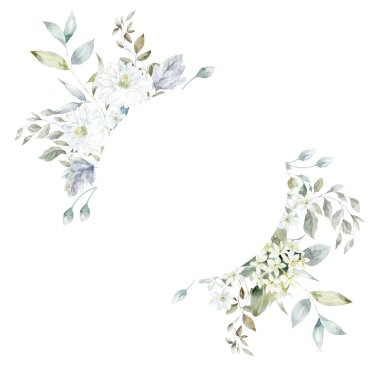 Beyaz Dahlia Çiçekleri Suluboya İllüstrasyonlu Çerçeve.