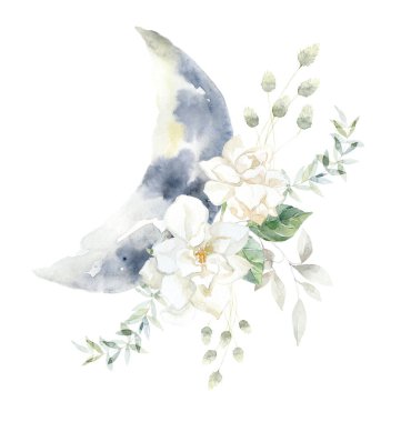 Beyaz Gardenya Çiçekleri ile Ay. Suluboya Çizimi.