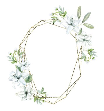 Beyaz Lily 'li Altın Çerçeve, Flowers. Suluboya Çizimi.