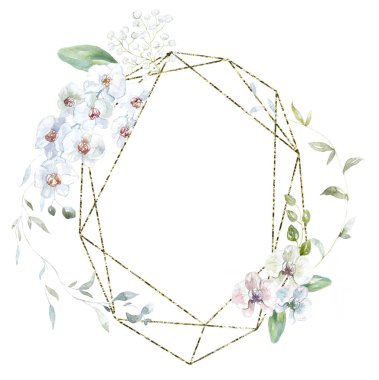 Beyaz orkide çiçekli altın çerçeve. Suluboya Çizimi.