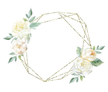 Beyaz şakayık çiçekli altın çerçeve. Suluboya Çizimi.
