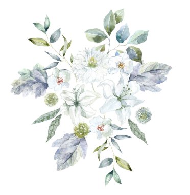 Beyaz Lily, Orkide ve Dahlia çiçekleriyle dolu bir buket. Suluboya Çizimi.