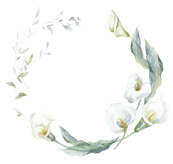 Πλαίσιο Λευκά Λουλούδια Calla Εικονογράφηση Υδατογραφίας — Φωτογραφία Αρχείου