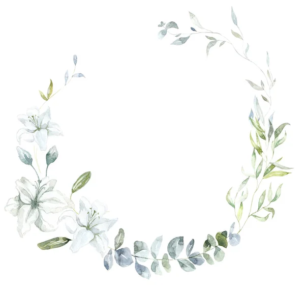 Keret Fehér Lily Flowers Eukaliptusz Akvarell Illusztráció — Stock Fotó