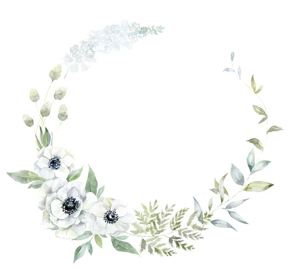 Ramka Białymi Anemone Flowers Ilustracja Akwareli — Zdjęcie stockowe