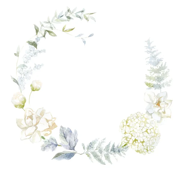 Keret Fehér Virágok Gardenia Hydrangea Akvarell Illusztráció — Stock Fotó