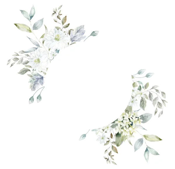 白いダリアの花とフレーム水彩イラスト — ストック写真