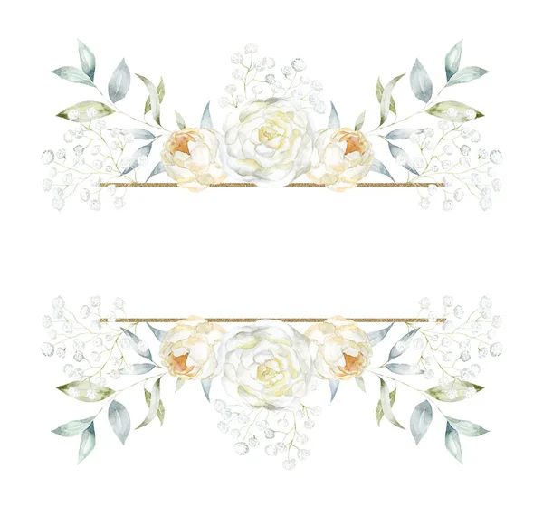 Keret Fehér Bazsarózsa Virágok Akvarell Illusztráció — Stock Fotó