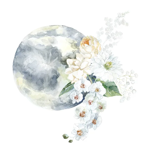 Mond Mit Weißer Orchidee Gardenia Und Pfingstrose Aquarellillustration — Stockfoto