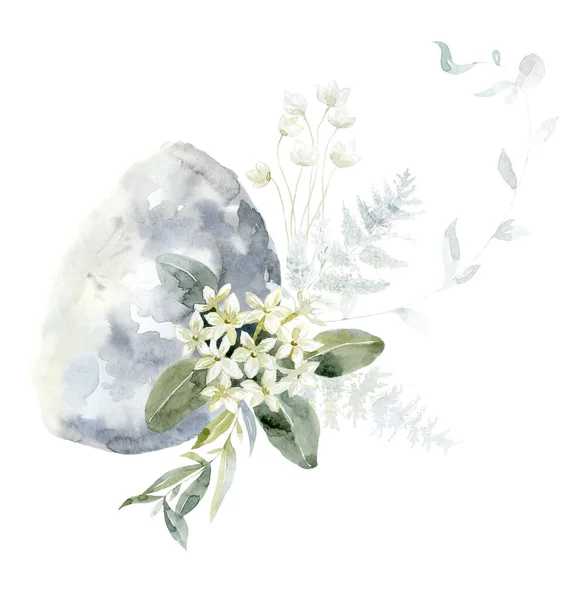 Moon with white Flowers. Watercolor Illustration.