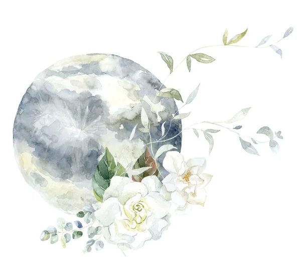白いクチナシの花の月 水彩イラスト — ストック写真