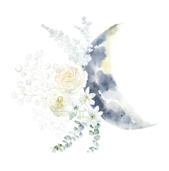 Moon with white Rose Flowers. Watercolor Illustration.