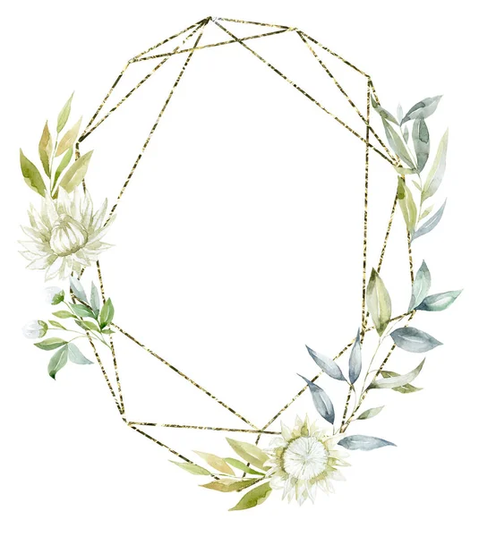 Złota Ramka Białymi Kwiatami Protea Ilustracja Akwareli — Zdjęcie stockowe
