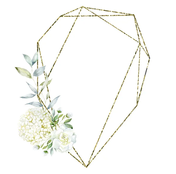 Guld Ram Med Vit Hortensia Och Gardenia Blommor Illustration Akvarell — Stockfoto
