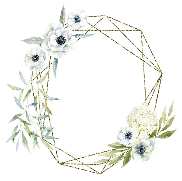 Złota Ramka Białym Anemonem Kwiaty Hortensji Ilustracja Akwareli — Zdjęcie stockowe