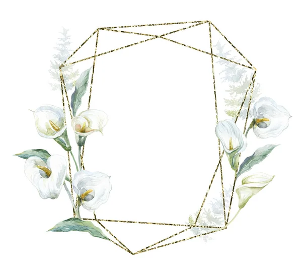Złota Ramka Białymi Kwiatami Calla Ilustracja Akwareli — Zdjęcie stockowe