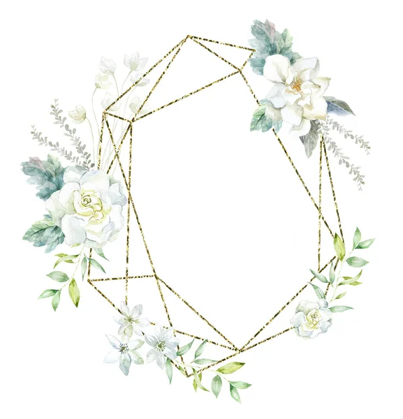 白いクチナシの花とゴールドフレーム 水彩イラスト — ストック写真