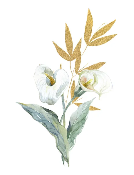 Kytice Bílými Květy Calla Ilustrace Akvarelů — Stock fotografie