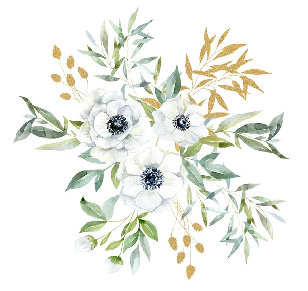 白いイソギンチャクの花の花束 水彩イラスト — ストック写真