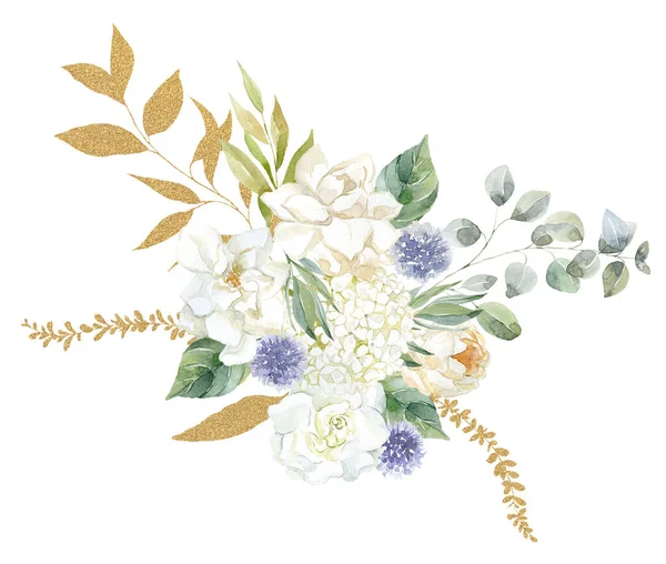 带有白色园艺花和水草花的花束 水彩画说明 — 图库照片