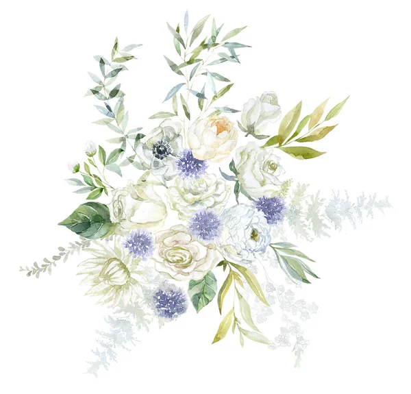 带有白牡丹 玫瑰和茶花的花束 水彩画说明 — 图库照片