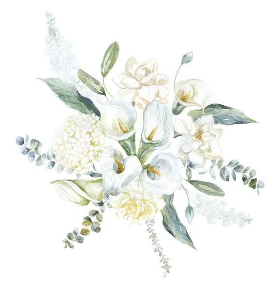 白いカラ クチナシ アジサイ 花の花束 水彩イラスト — ストック写真
